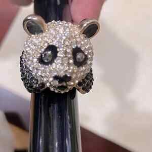 Adorable Panda Crystal and Enamel Rhinestone Ring Silver Adjustable Sz: 8 1/2